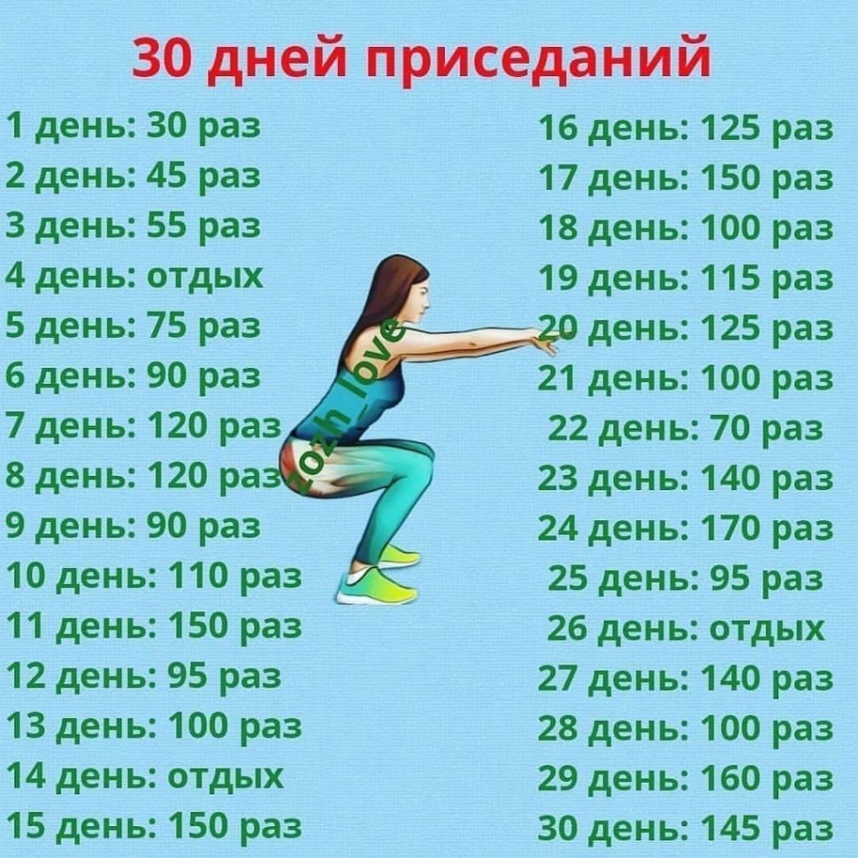 30 Дней приседаний таблица ЧЕЛЛЕНДЖ