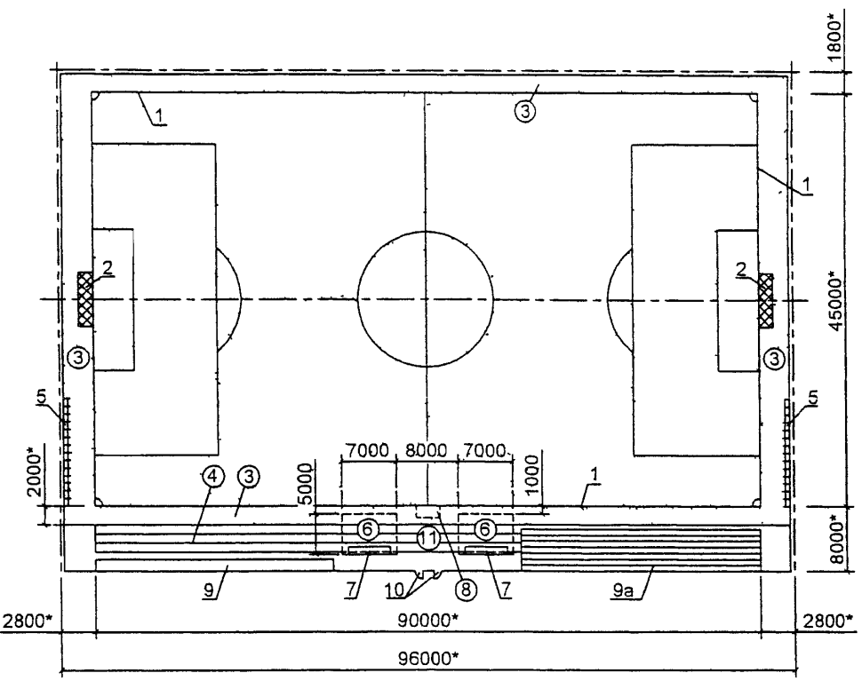 Длина большого футбольного поля. Габариты мини футбольного поля стандарт. Разметка школьного спортзала схема. Разметка футбольного поля 110х70. Футбольное поле с трибунами Размеры.